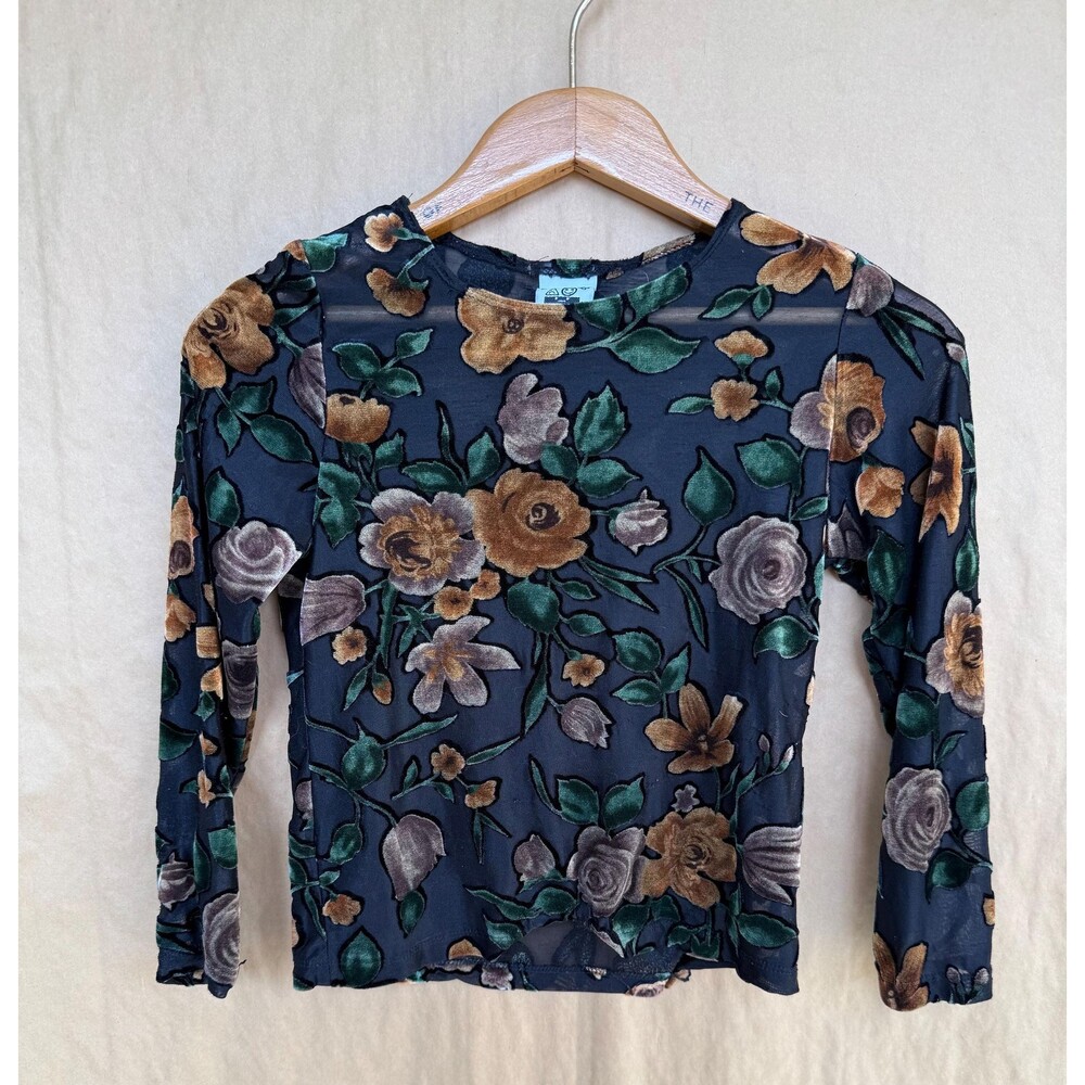 Vintage Atre Tudes Floral Embroidered Mesh Top |Youth Large (14) | Black & Gold